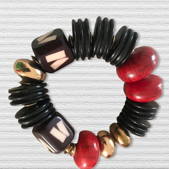 Art Deco - Bracelet & Pierced Earring Set Red/Black/Gold - Picture 4 of 4